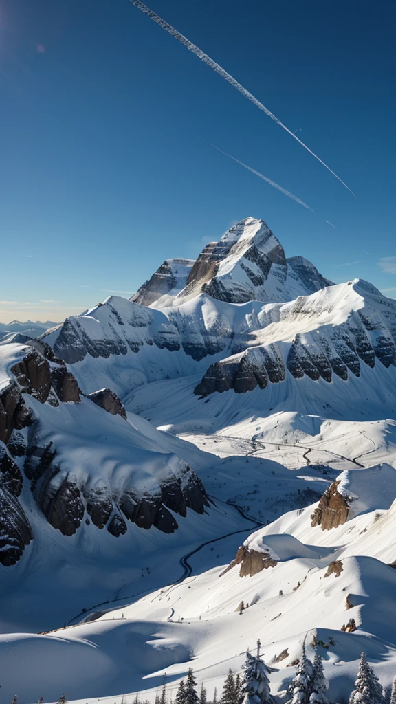 Create a stunning mystical mountain landscape with tall snowy peaks and dense forests