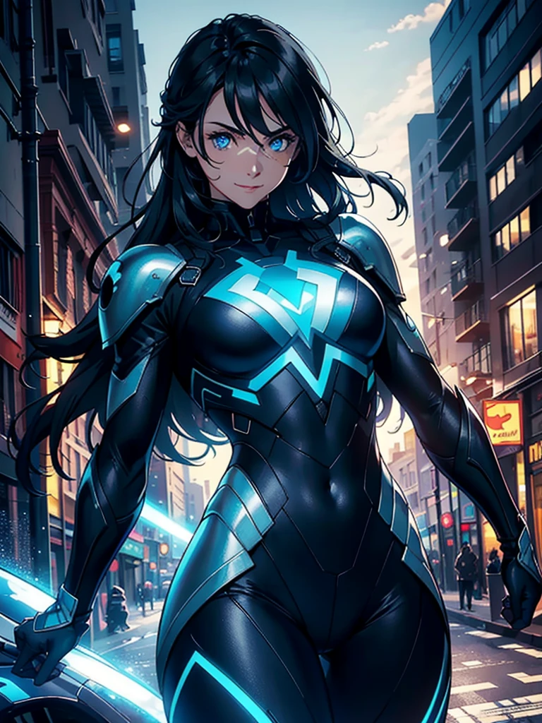 16K, HDR,UHD, RTX, ray tracing, chiaroscuro, best quality, masterpiece, ethereal, perfect illustration, digital artwork, trending on artstation, jaw-dropping perfection, ultra realistic, textured amazing lighting effects, perfect shadows, WLOP, 1girl, beautiful mature edgy woman in a cool long jacket and black pants, superhero suit, stomach covered by clothing, shoulder-length hair, shoulder-length hair, wavy hair, black hair, highly detailed glowing blue eyes, glowing eyes, blue eyes, beautiful glowy blue eyes, detailed eyes, beautiful face, perfect anatomy, broad shoulders, strong upper-body, modern city, city, beautiful weather, stunning sunshine, sunny, daylight, sunlight, modern, nature, daytime, superhero, uplifting, heroic, heroic pose, smiling, smiling at camera, athletic, hands near hips, glowy eyes, daytime, black and blue superhero suit, metal shoulder-pads, summertime, radiant sunlight, beautiful cityscape, hair blowing in wind, manly shoulders, big smile, wide smile, happy eyes, joyful, smiling with teeth, very tall, wide shoulders, tall