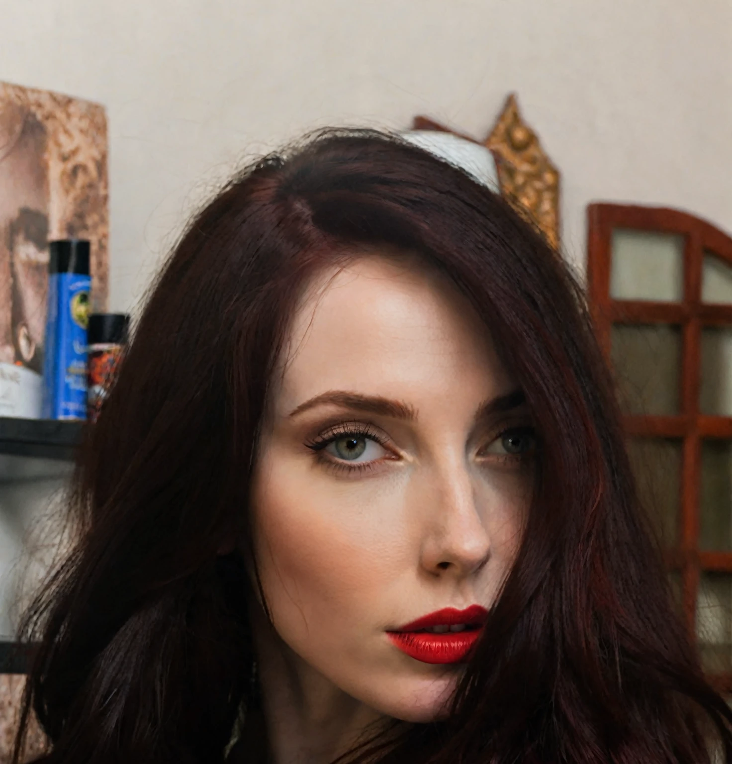 arafed woman with long dark hair and red hair, with pale skin, profile image, looking to the side off camera, high quality portrait, pale skin and dark eyes, color portrait, looking to the side, portrait image, sultry look, anastasia ovchinnikova, inspired by Jessie Alexandra Dick, headshot profile picture, tiffany dover