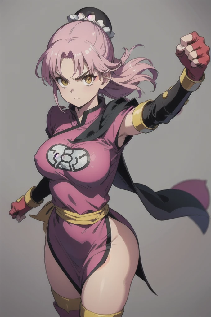 (masutepiece, Best Quality:1.1),Maam, Dragon quest, 1girl in, Solo, Looking at Viewer, no background, white background, long hair, Pink hair, parted bang, (Bun cover,:1.1) Yellow eyes, Big Breasts:1.6, Fingerless gloves, Pink gloves, chinese sclothes, red dress, bow ribbon, black stockings, long boots, elegant standing, Female curves, standing, punching, fighting stance, furious, from above, cowboy shot