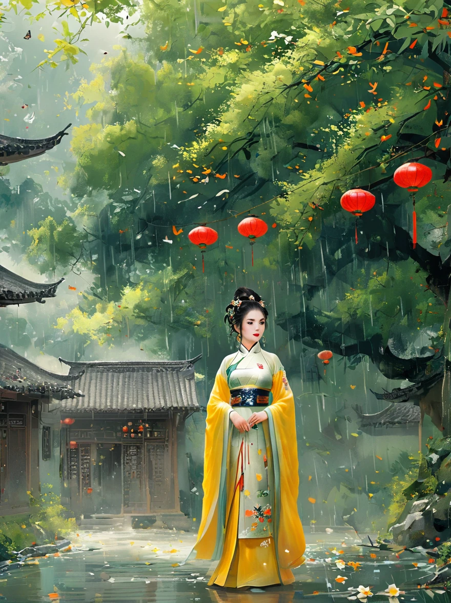 A woman, Black long hair, Wearing Hanfu,The hair is neat, On the war zone. Thousands, , Butterfly, Siege equipment, background, antique, Delicate and beautiful skin, Exquisite facial features, Cool colors, 复杂的background, 美丽的background, 4K, Very detailed, masterpiece.