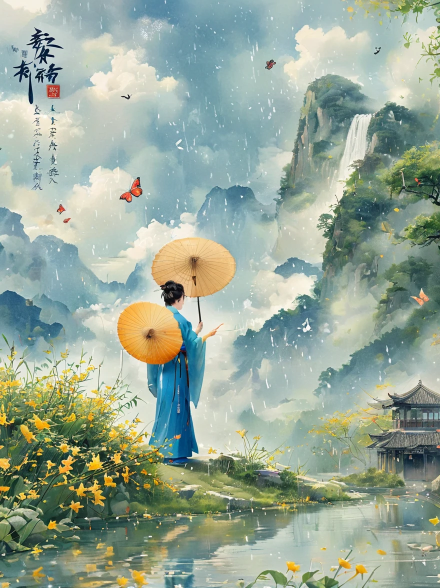 A woman, Black long hair, Wearing Hanfu,The hair is neat, On the war zone. Thousands, , Butterfly, Siege equipment, background, antique, Delicate and beautiful skin, Exquisite facial features, Cool colors, 复杂的background, 美丽的background, 4K, Very detailed, masterpiece.