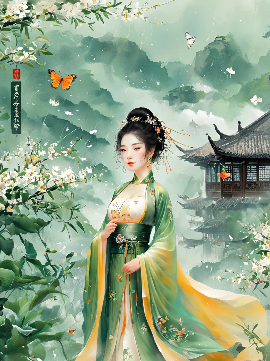 A woman, Black long hair, Wearing Hanfu，The hair is neat, On the war zone. Thousands, , Butterfly, Siege equipment, background, antique, Delicate and beautiful skin, Exquisite facial features, Cool colors, 复杂的background, 美丽的background, 4K, Very detailed, masterpiece.