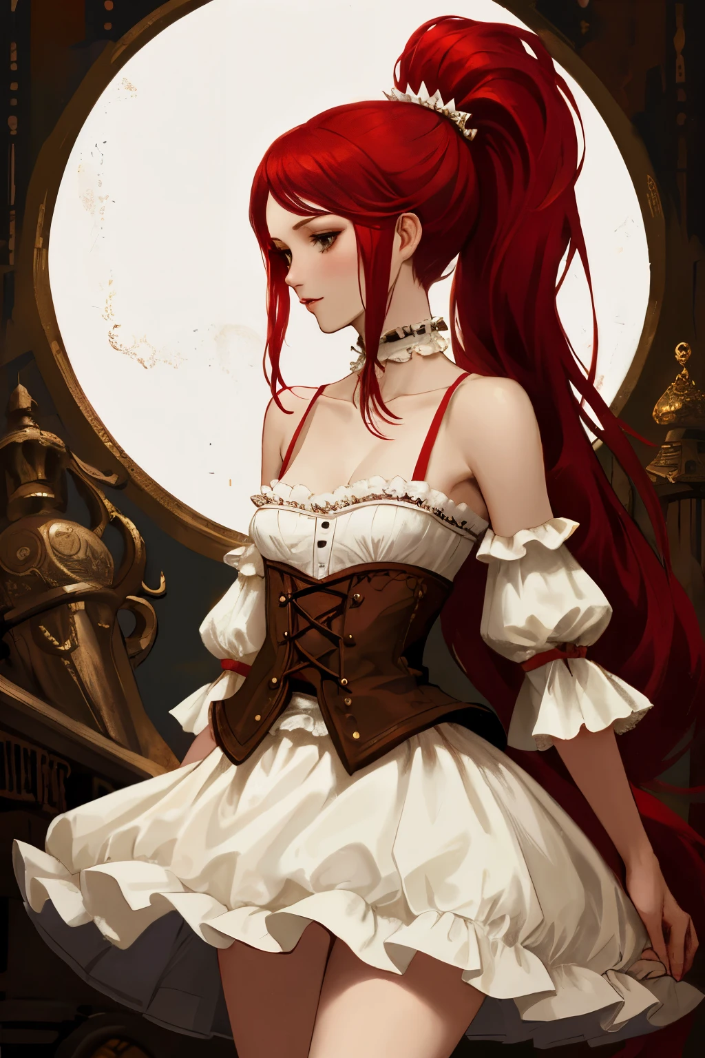 ((best quality)), ((masterpiece)), (detailed), ((Finest quality)), NSFW, small breasts, prominent collarbones, skinny arms, flat stomach, visible hip bones, long hair, red hair, white hair, blonde hair, dark hair, ponytail, thick ponytail, heavy ponytail, red and white clothing, Bloodborne inspired, occult aesthetic, occult, detailed and intricate steampunk and detailed gothic, NSFW Fluttering lace frilly petticoats, pleated petticoats