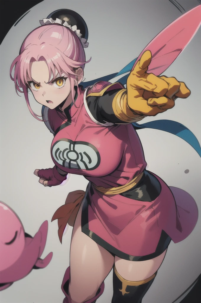 (masutepiece, Best Quality:1.1),Maam, Dragon quest, 1girl in, Solo, Looking at Viewer, no background, white background, long hair, Pink hair, parted bang, (Bun cover,:1.1) Yellow eyes, Big Breasts:1.6, Fingerless gloves, Pink gloves, chinese sclothes, red dress, bow ribbon, black stockings, long boots, elegant standing, Female curves, standing, punching, fighting stance, furious, from above, cowboy shot