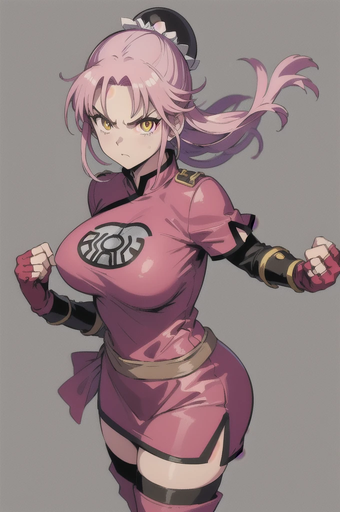 (masutepiece, Best Quality:1.1),Maam, Dragon quest, 1girl in, Solo, Looking at Viewer, no background, white background, long hair, Pink hair, parted bang, (Bun cover,:1.1) Yellow eyes, Big Breasts:1.6, Fingerless gloves, Pink gloves, chinese sclothes, red dress, bow ribbon, black stockings, long boots, elegant standing, Female curves, standing, punching, fighting stance, furious, from above, cowboy shot