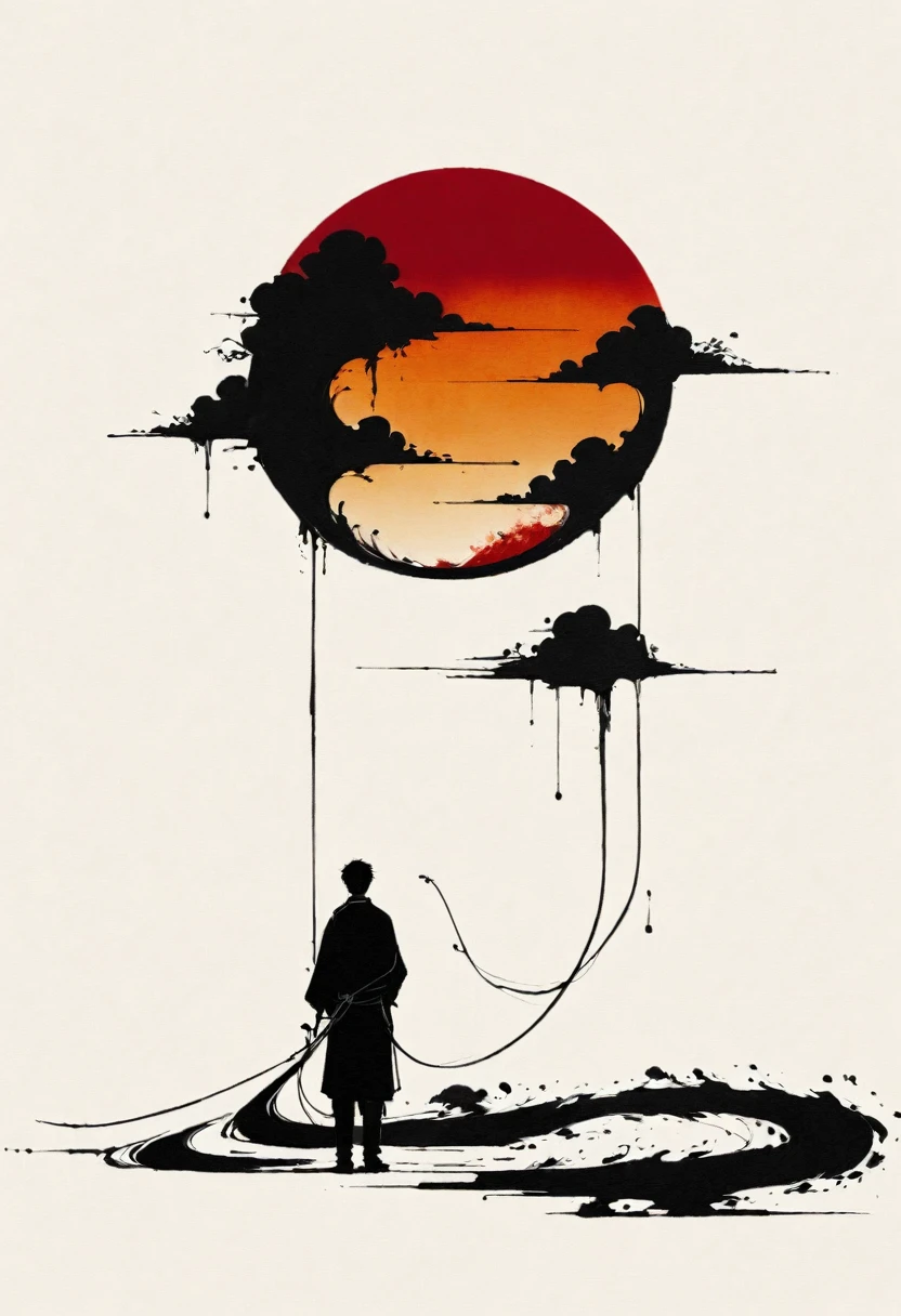 中国Ink Painting, Gray and White, Minimum, Wire, White background,The Trail, Minimalism, Wire性风格, Huge negative space, Ink Painting, Abstract，Blood-stained sunset，solitary Man