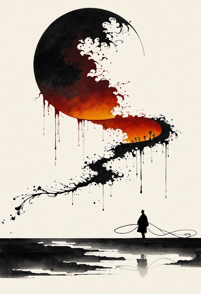 中国Ink Painting, Gray and White, Minimum, Wire, White background,The Trail, Minimalism, Wire性风格, Huge negative space, Ink Painting, Abstract,Blood-stained sunset,solitary Man