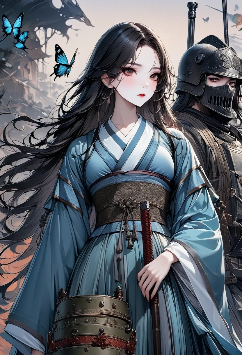 A woman, Black long hair, Wearing Hanfu，The hair is neat, On the war zone. Thousands, , Butterfly, Siege equipment, background, antique, Delicate and beautiful skin, Exquisite facial features, Cool colors, 复杂的background, 美丽的background, 4K, Very detailed, masterpiece.