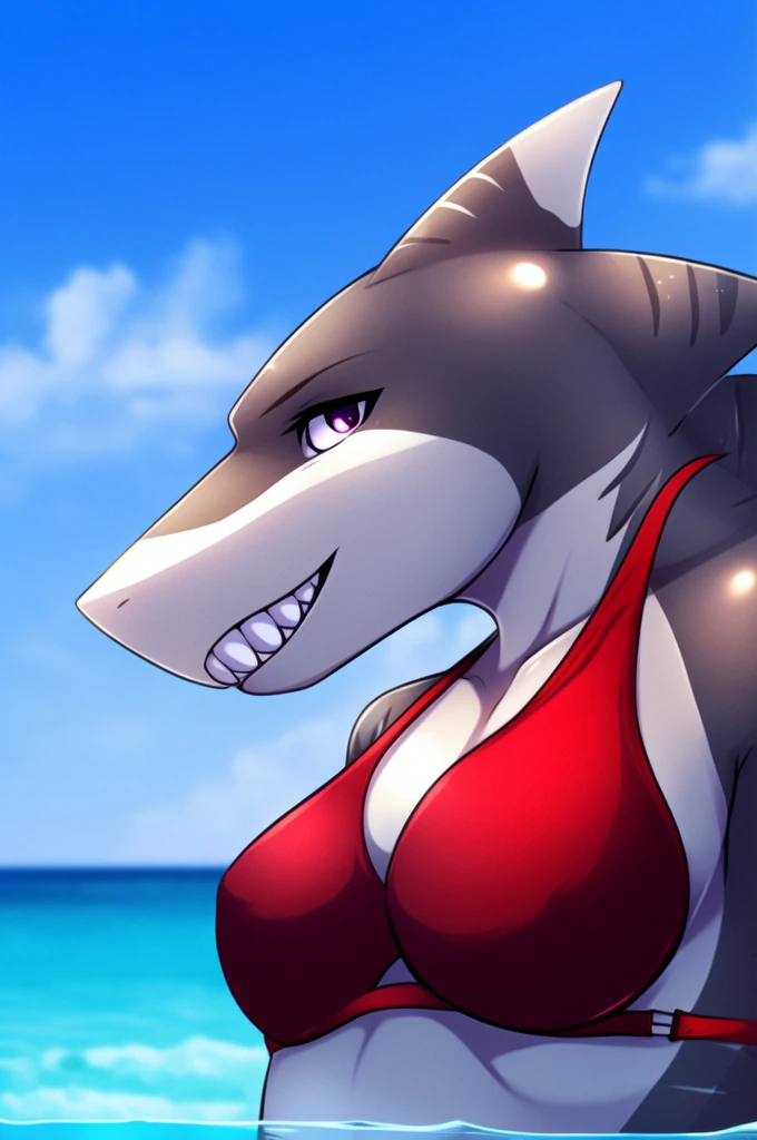 1girl, solo, beautiful_and_delicate, anthro, anthromorph, anthro-shark, anime_girl, glossy skin, black skin, shark_tail, sharp_teeth, swimsuit, bikini, water_theme, cowboy shot, masterpiece, best_quality, ultra-detailed, highres, UHD,4K,8K