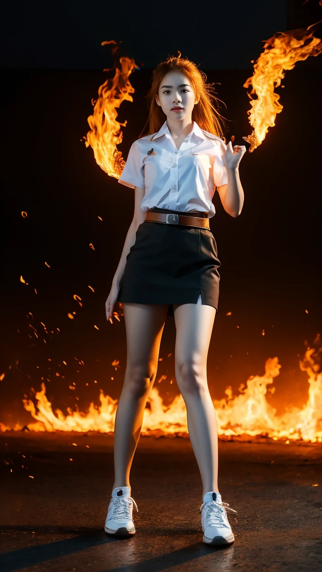 18 year old woman in Thai university uniform, white shirt, black skirt, brown belt, white sneakers, dark background, fire goddess, fire on the background and foreground, fire around her body, fire on her feet, fire on her orange hair, float from ground, high detail, realistic, cinematic scene, dynamic pose