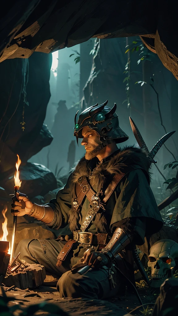 A bear with half the body of a spider, a sword in hand and a skull helmet, next to a green orc, in a cave with a campfire