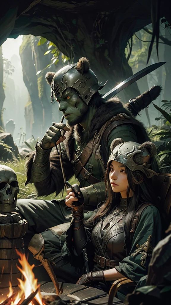 A bear with half the body of a spider, a sword in hand and a skull helmet, next to a green orc, in a cave with a campfire 