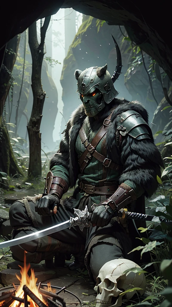 A bear with half the body of a spider, a sword in hand and a skull helmet, next to a green orc, in a cave with a campfire