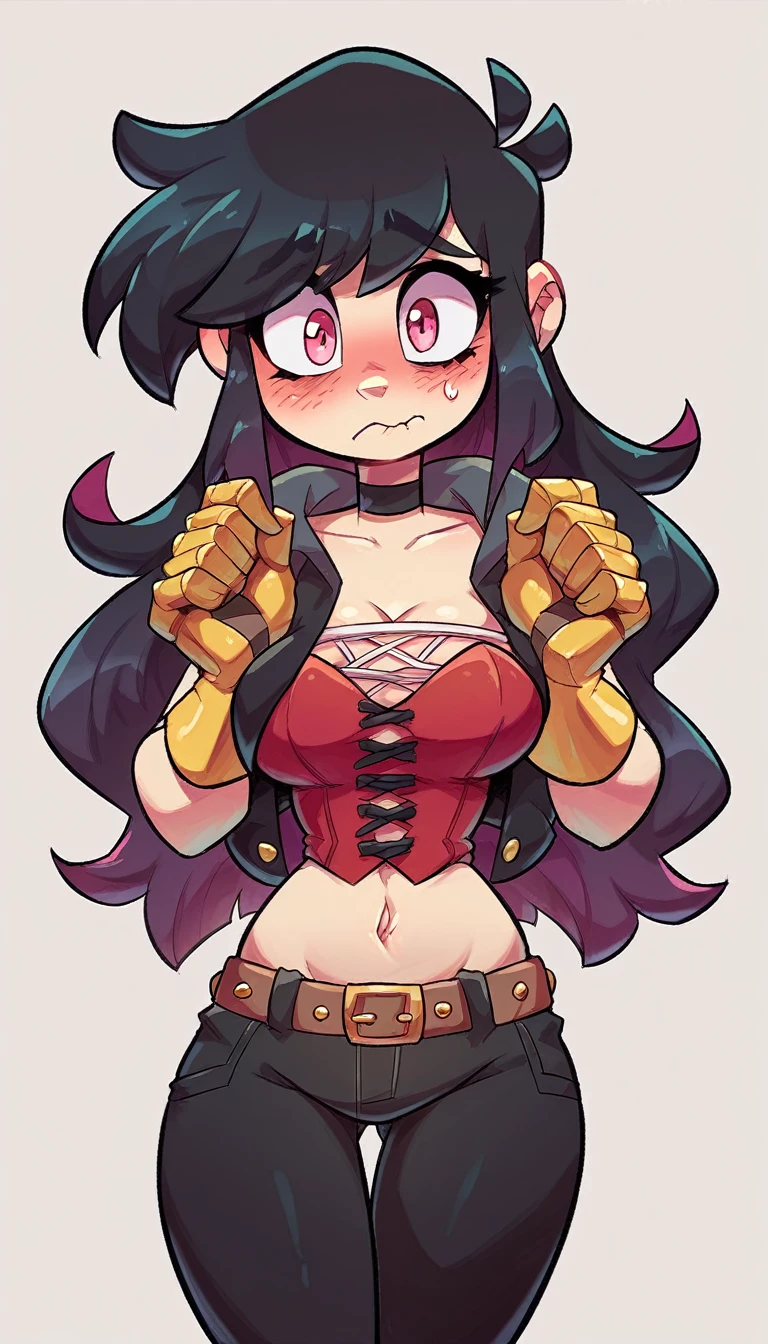 An emo girl shy nervous afraid dumb quiet sexy cute beautiful beautiful big breast long wavy black hair her pink eye she wears a red corset under a black vest shows her navel and a metallic black pants yellow boot long yellow metal gloves 