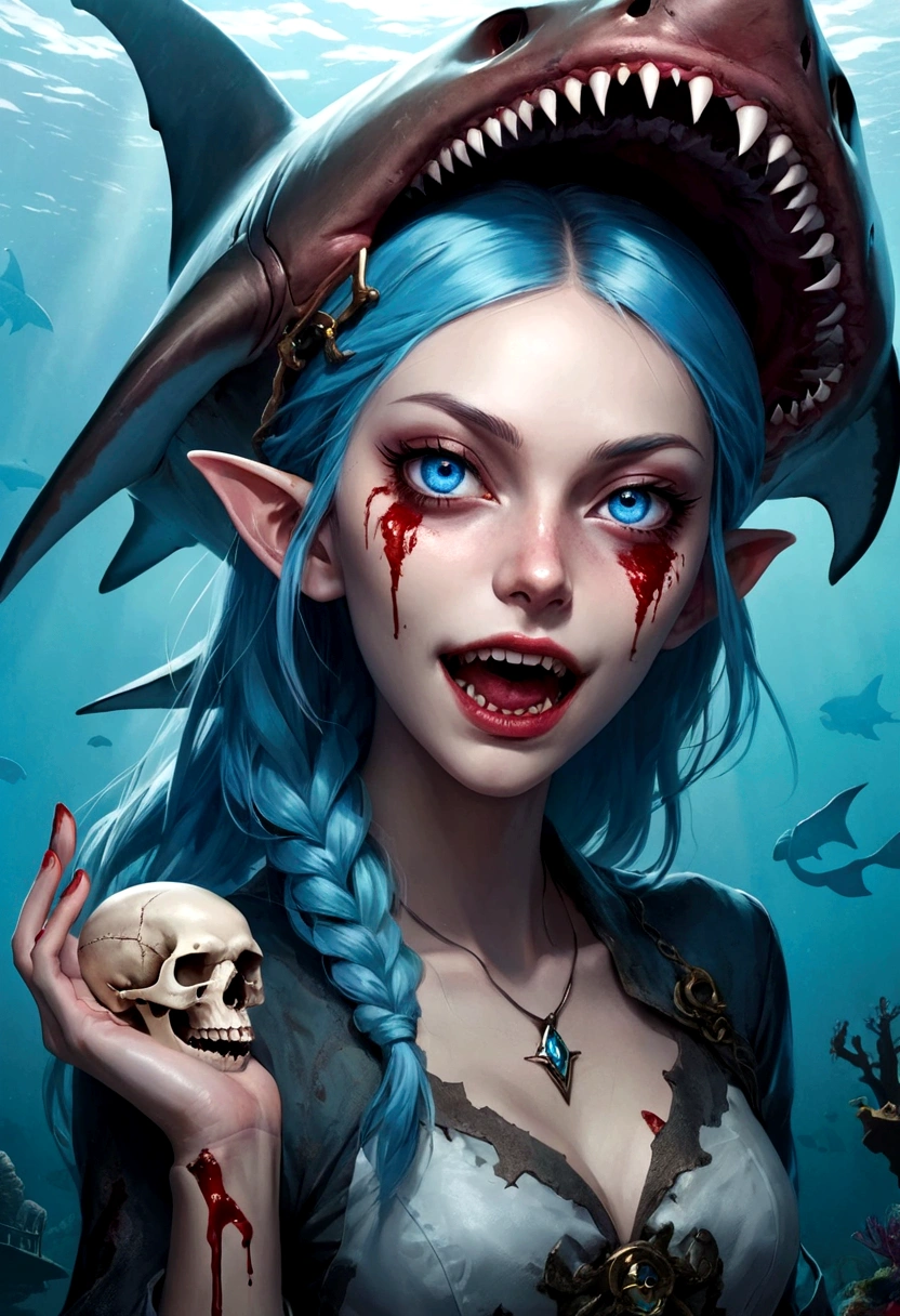 Fantasy Undersea，Shark Elf Girl，blue eyes，Sharp Fangs，Shark fin feature on back，look back,Blood stains at the corners of mouth，fierce，close up，Dark Wind，Dilapidated cabin of a sunken ship，Zombie style，Alternative，Hand holding human skull