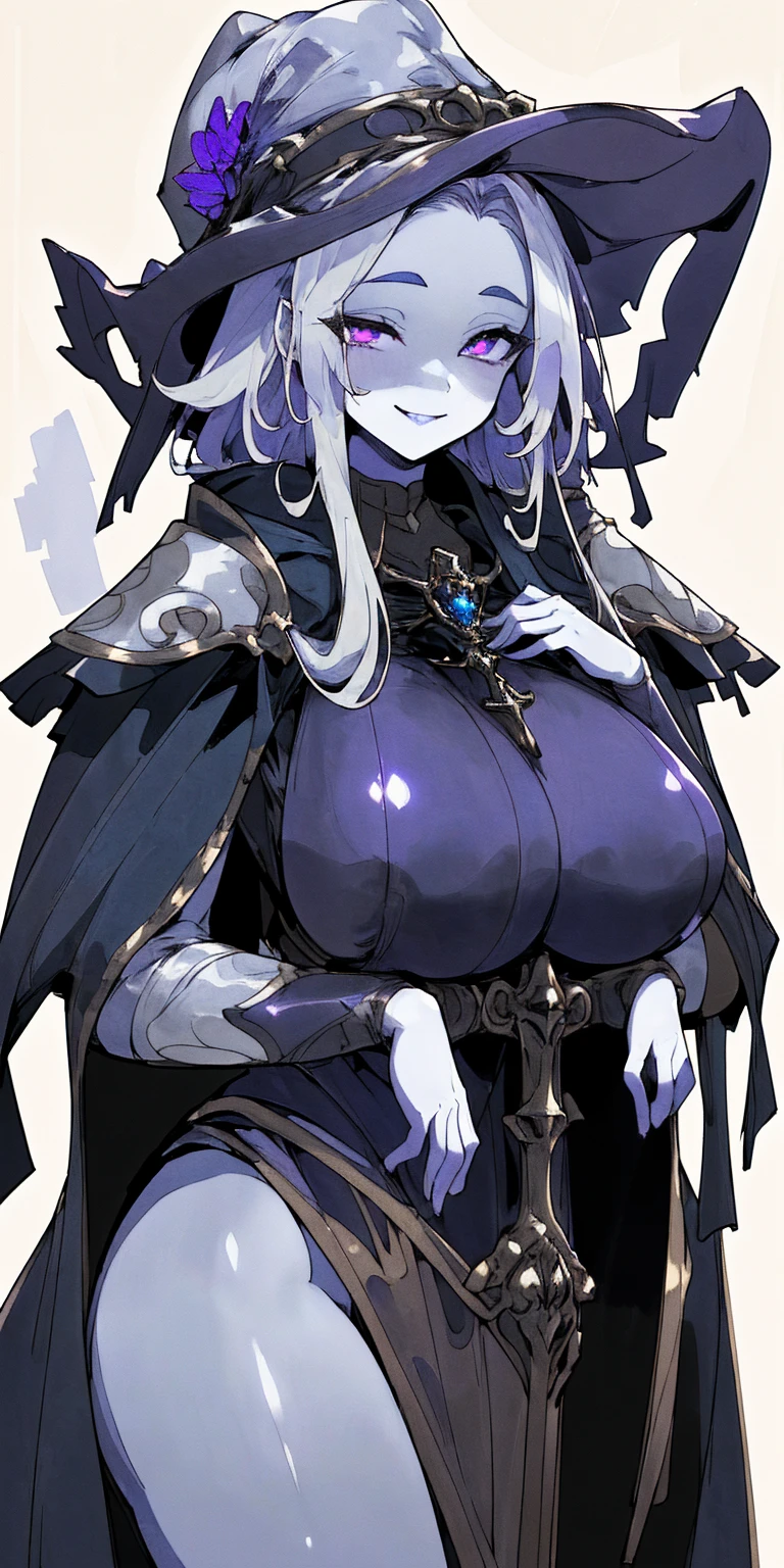 (Female chest covered)(smile) Gray skin, pale golden hair and violet eyes. She prefers clothing of white and silver with cloaks of deep blue or purple, village background, huge_knockers ((very precise detailed)) ((highres)