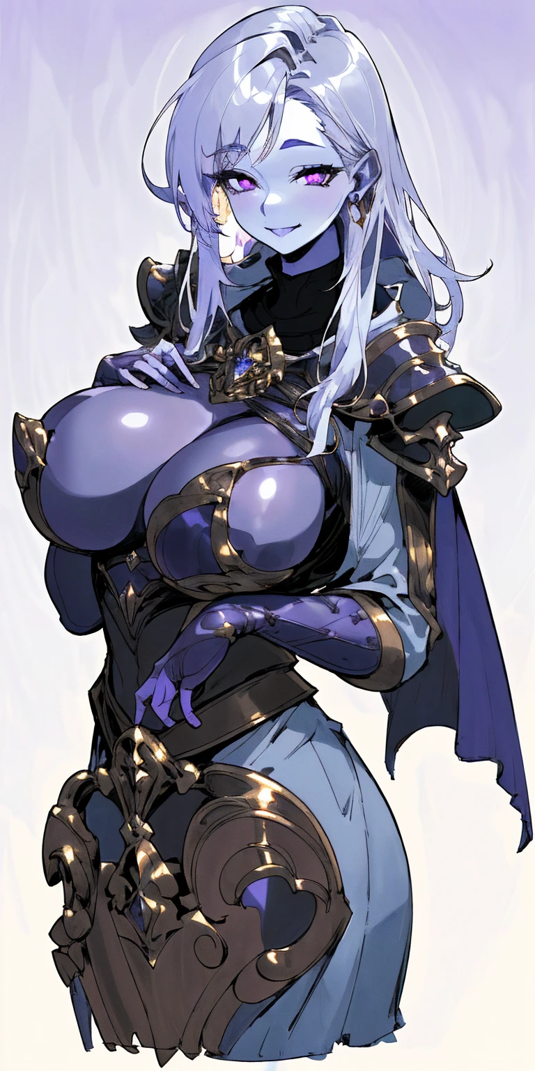 (Female chest covered)(smile) Gray skin, pale golden hair and violet eyes. She prefers clothing of white and silver with cloaks of deep blue or purple, village background, huge_knockers ((very precise detailed)) ((highres)