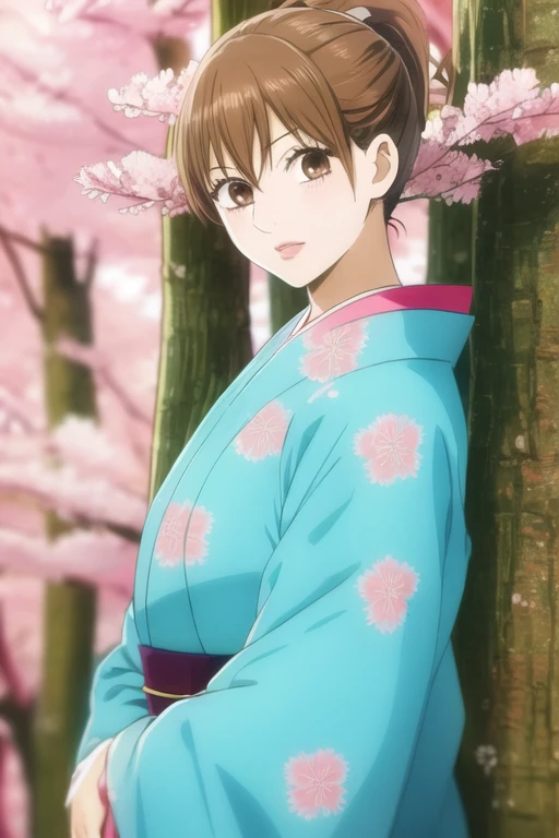 masterpiece, best quality, ultra-detailed, 1girl, solo, looking front at viewer, chihaya_ayase, brown hair, brown eyes, ponytail , upper body, in park cherry blossom trees,japanese girl fashion, glossy lipstick
