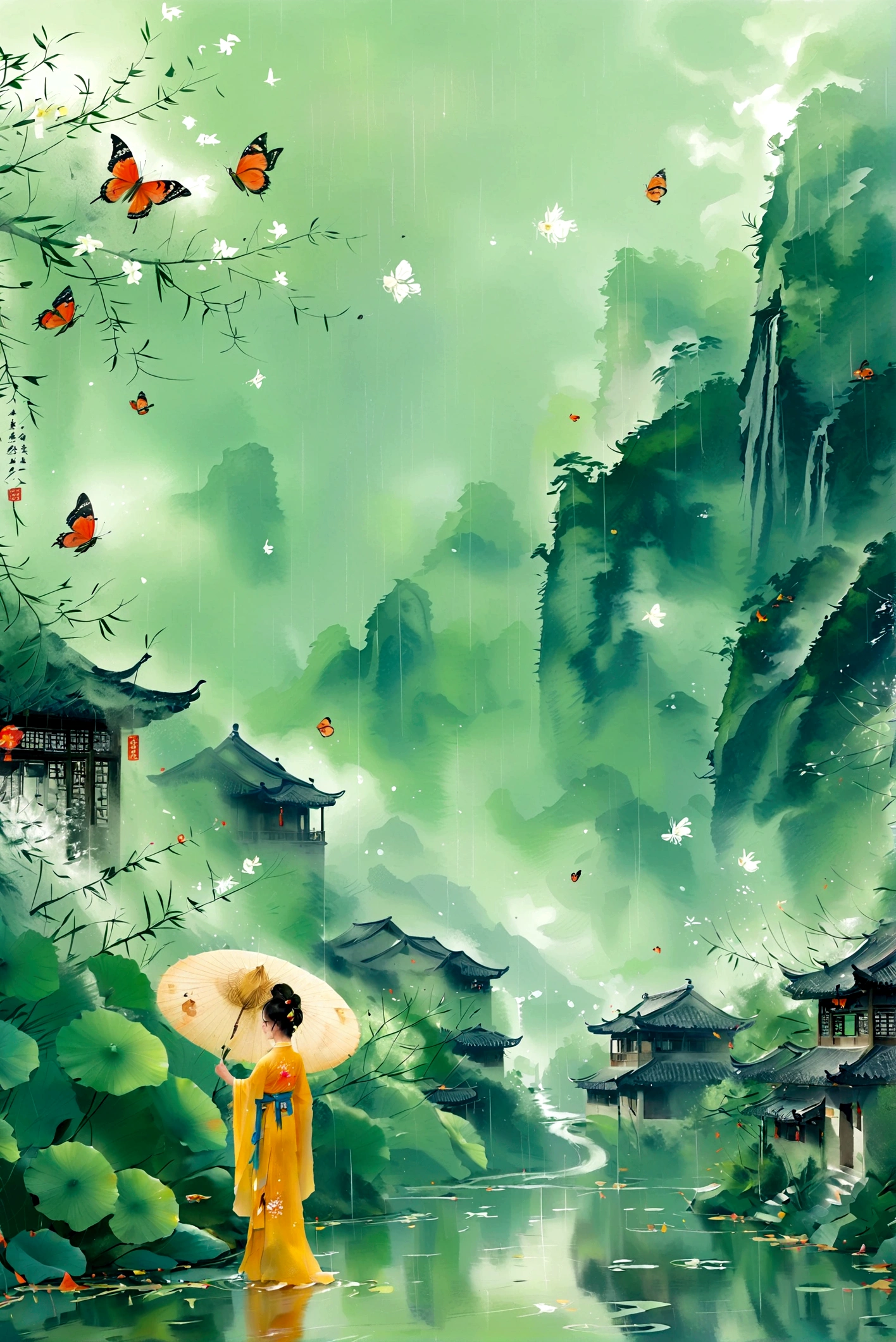 A woman, Black long hair, Wearing Hanfu，The hair is neat, On the war zone. Thousands, , Butterfly, Siege equipment, background, antique, Delicate and beautiful skin, Exquisite facial features, Cool colors, 复杂的background, 美丽的background, 4K, Very detailed, masterpiece.
