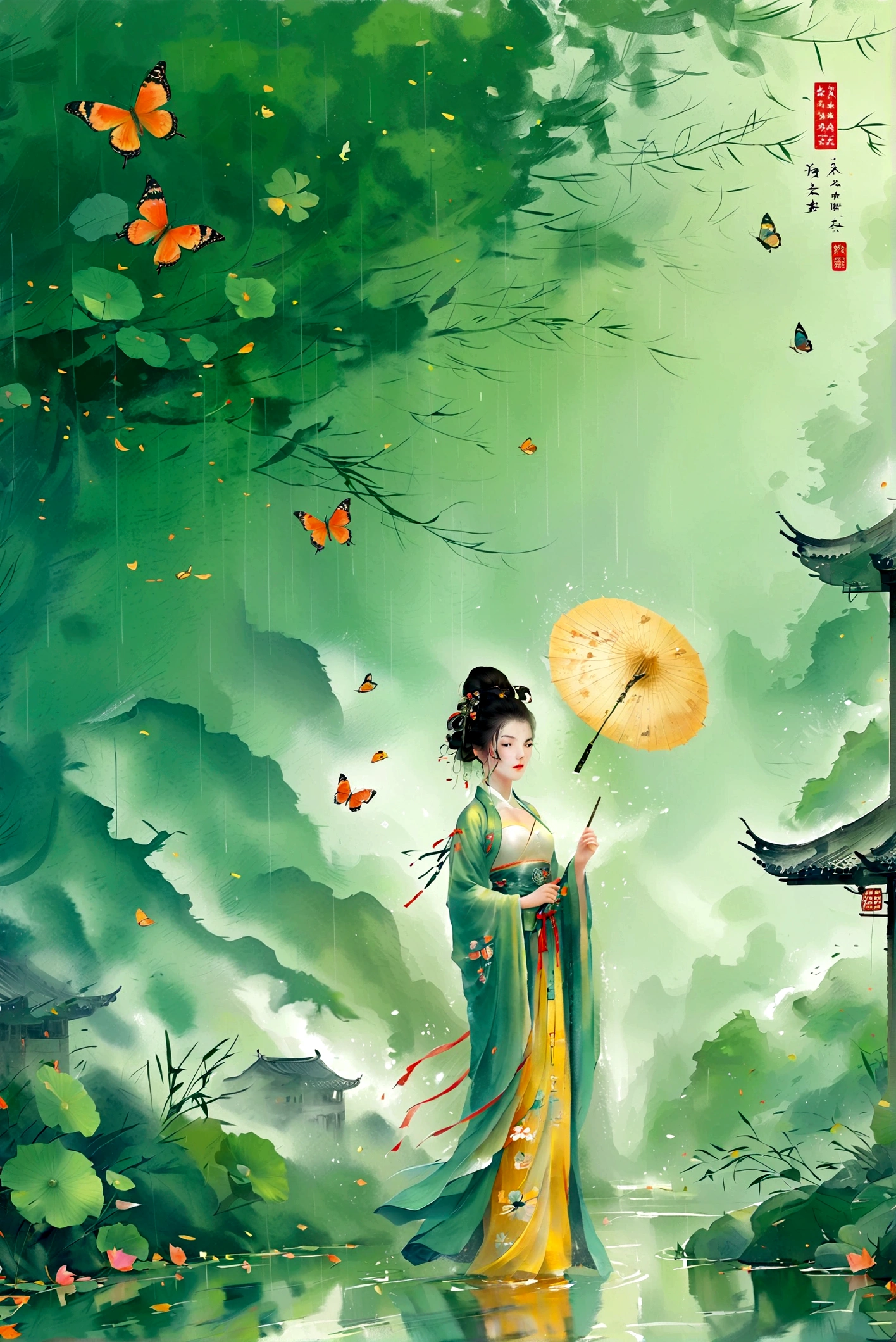 A woman, Black long hair, Wearing Hanfu,The hair is neat, On the war zone. Thousands, , Butterfly, Siege equipment, background, antique, Delicate and beautiful skin, Exquisite facial features, Cool colors, 复杂的background, 美丽的background, 4K, Very detailed, masterpiece.