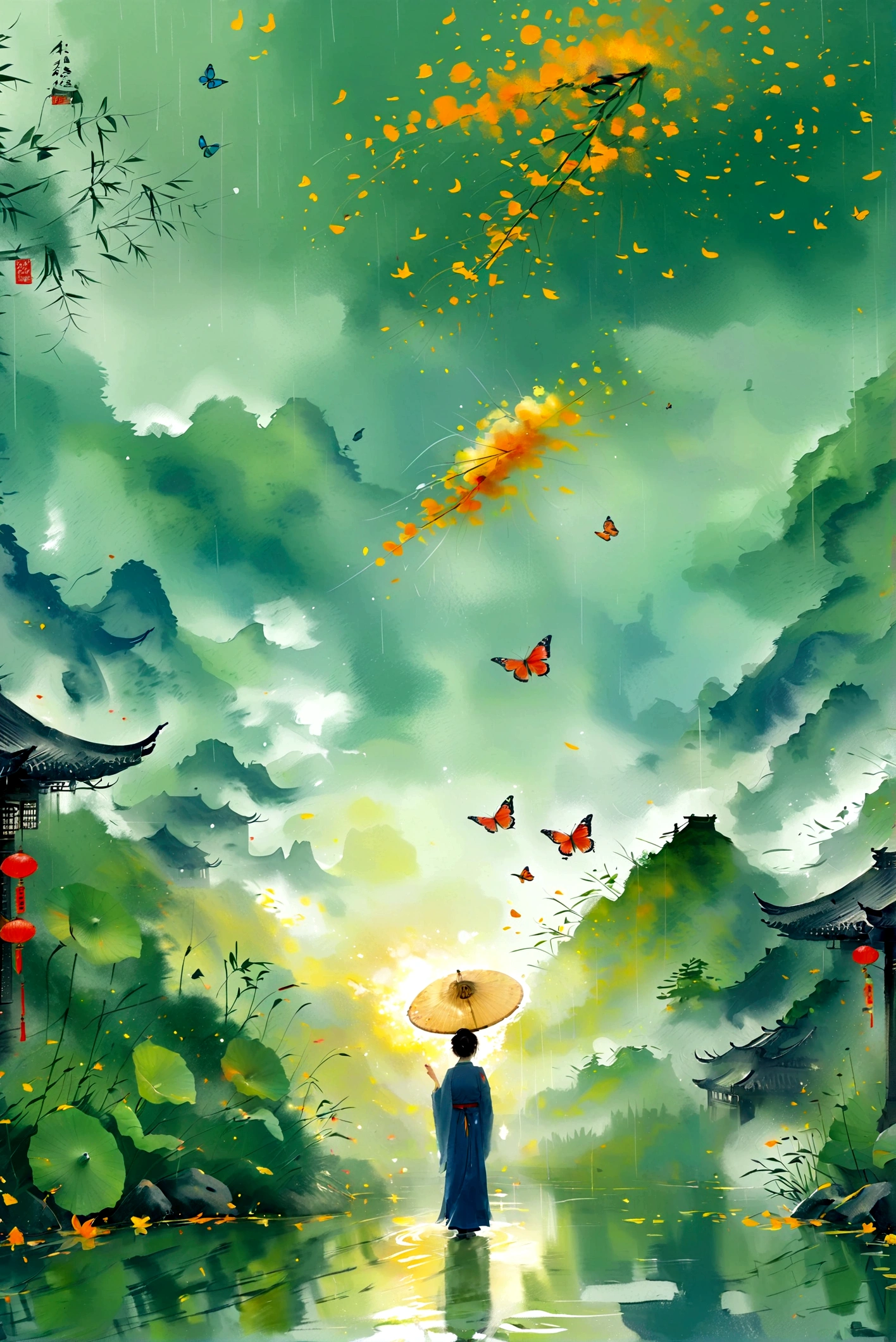 A woman, Black long hair, Wearing Hanfu，The hair is neat, On the war zone. Thousands, , Butterfly, Siege equipment, background, antique, Delicate and beautiful skin, Exquisite facial features, Cool colors, 复杂的background, 美丽的background, 4K, Very detailed, masterpiece.