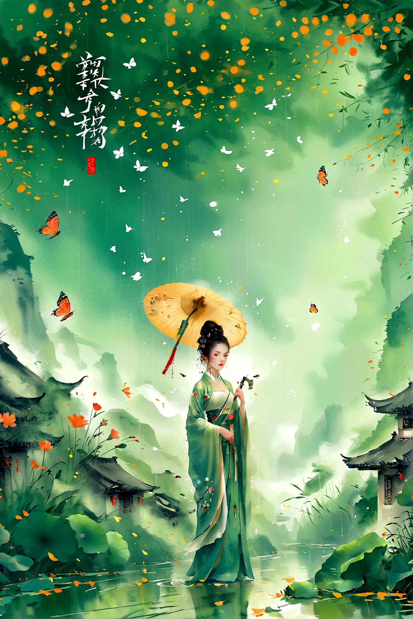 A woman, Black long hair, Wearing Hanfu,The hair is neat, On the war zone. Thousands, , Butterfly, Siege equipment, background, antique, Delicate and beautiful skin, Exquisite facial features, Cool colors, 复杂的background, 美丽的background, 4K, Very detailed, masterpiece.