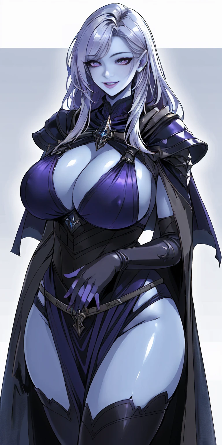 (Female chest covered)(smile) Gray skin, pale golden hair and violet eyes. She prefers clothing of white and silver with cloaks of deep blue or purple, village background, huge_knockers ((very precise detailed)) ((highres)