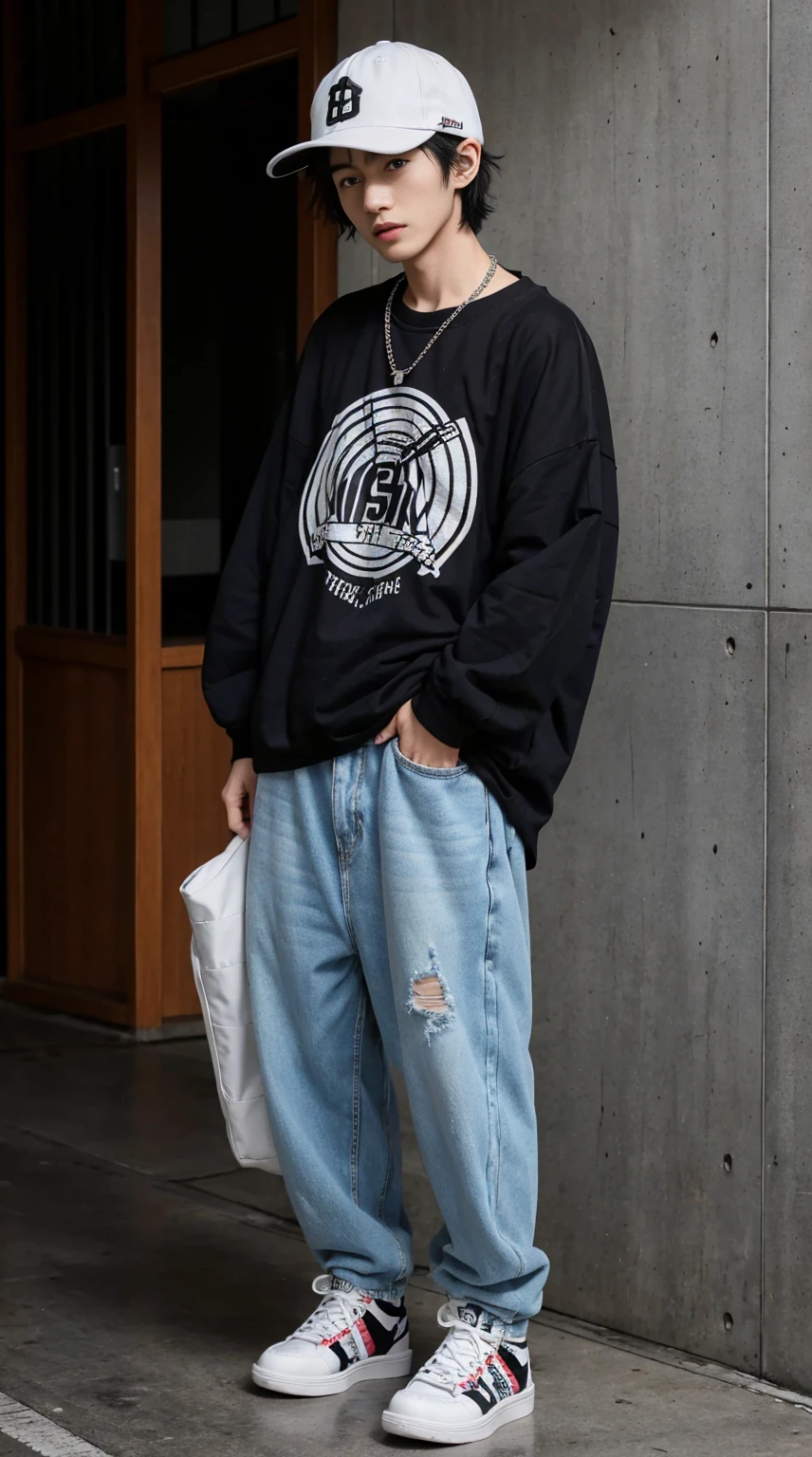 Japanese men with a height of 170 cm，black hair。Oversized graphic T-shirt（black，Printed with distinctive patterns）baggy jeans（Light washed denim）, high-top sneakers（白色或black）,Baseball cap,chain necklace,Large backpack