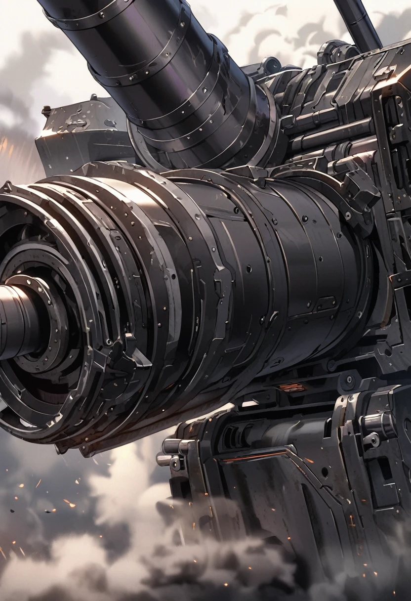 a extremely detailed dark purple handheld metal cannon with the barrel has smoke coming out of it