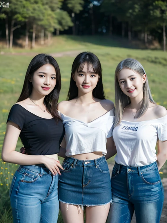 (3 girls), Indonesian baby face, 12 years, smile ,white skin, Round breast, blue eyes, meadow, ((Strapless t-shirt, jeans skirt)) silver hair, 8K, The details are very realistic....., The best of photography ((round chest)