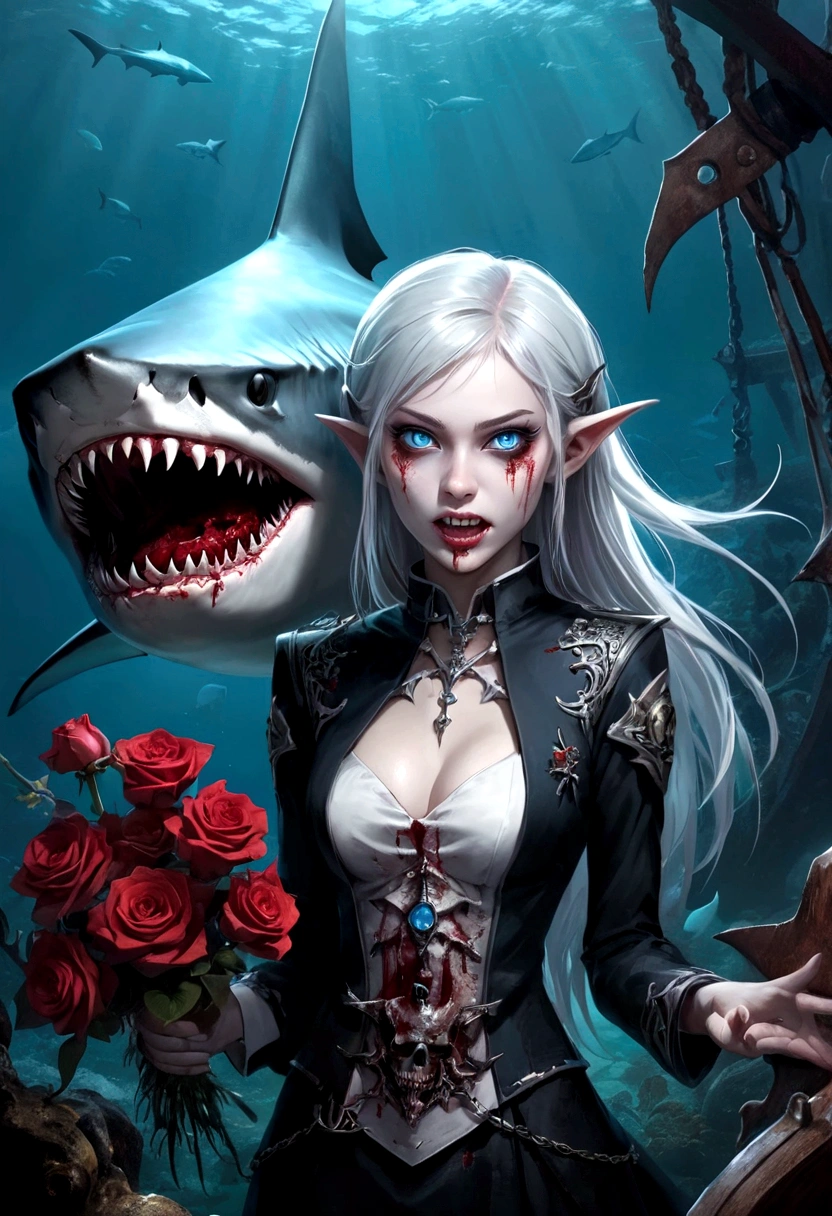 Fantasy Undersea，Shark Elf Girl，blue eyes，Sharp Fangs，Shark fin feature on back，look back,Blood stains at the corners of mouth，fierce，close up，Gothic Art，Dark Wind，Dilapidated cabin of a sunken ship，Zombie style，Alternative，Hand holding human skull