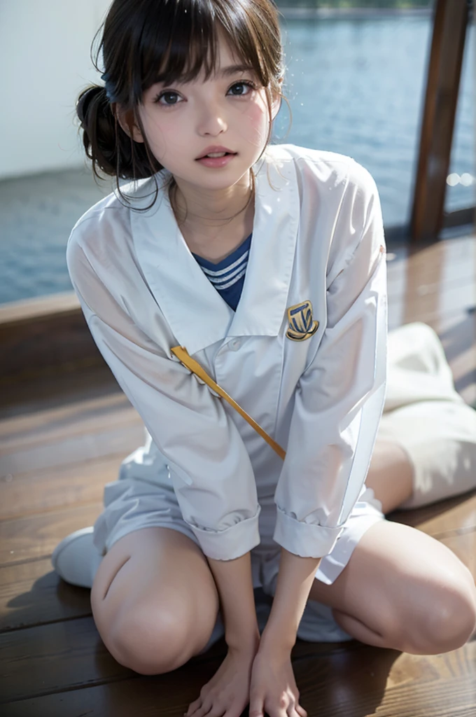 Browsing Caution, 8K RAW Photos, ((Sailor suit))Highest quality, masterpiece,Cute face、dual、 Laughter、Cute face、Ultra-high resolution, Film Grain, movie, One Girl, Looking at the audience, Natural skin texture, Realistic eye and facial details, Perfect teeth alignment、Perfect eyes and a perfect mouth、、White 、Lips parted, Lips,Raindrops、Clothes are disheveled、Esbian all over,Photographed from the knees up、