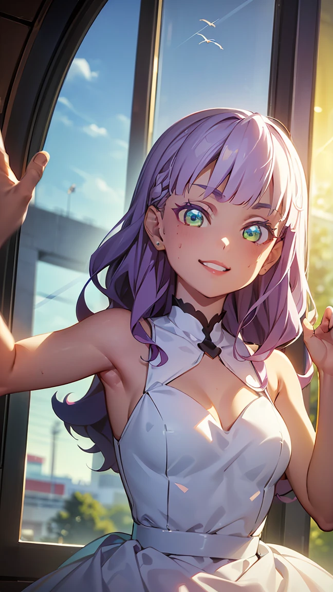 (purple hair, Bangs),wien margarete, green eyes, long hair, light purple hair, small breasts,((Pure white dress: 1.5)), ((Luxurious dress: 1.5)), ((Cute frilly dress: 1.5)), High Quality, (8K, Raw, Best Quality, Real: 1.5)), Ultra High Quality, High Quality, Best Quality, Perfect face, Perfect limbs, Perfect fingers, High resolution, (((Blue sky: 1.5))), (((Jumbo jet seen through large glass window: 1.5))), Girl with deserted Haneda airport background, reinforced concrete building background, (Beautiful anime face, Cute face, Detailed face), --  ((Slim figure 1.2)), (((Small chest 1.3))), -- Adorable smile, (((Smile: 1.5))), (((Smile: 1.5))), Open lips, , Standing, Turning around, Back view, Miniature human hand, ((Details of Haneda airport background: 1.5)),Cartoon-like,Perfect anatomy,Perfect proportions,Evening,Nice lighting,Bright colors,Clean lines,Information,Blurred,Stunning facial expressions,Restless emotions,Gorgeous,Cute,Detailed beautiful face and eyes,(Masterpiece)Beautiful face,Young handsome girl,Realistic and perfect skin,Bokeh,Stunning facial expressions,Restless emotions,Gorgeous,Cute,Detailed beautiful face and eyes,(Audrey Hepburn),(17 years old),Blake,Slim skin with cleavage,(Cute nice type), (J-pop idol), (thighs, (depth of field), (depth of field), soft light, glittering lens gaze, (droopy eyes), straight teeth, shy smile, floating hair, Blake's movie scene, full color of the movie, 4K, 8K, 16K lace, raw photo, must-see movie, professional color grade, professional photographer, high school girl, , soft and clean focus, realistic lighting and shading, (very delicate (beautiful artistic), graceful eyes), (thin), (abdomen 0. 95), (slim), (beautiful girl), (waist detail 1.15), (beautiful girl), (detail), open lips, face with full make-up with red lips, (glowing skin), (perfect female body),