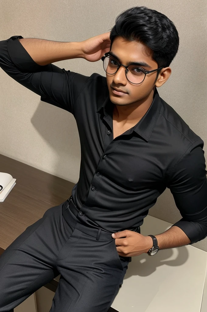 20 year old indian boy With fair skin Wearing spectacles and narrow body Posing for a linkedin picture in formals having slim body and hight and black shirt 
