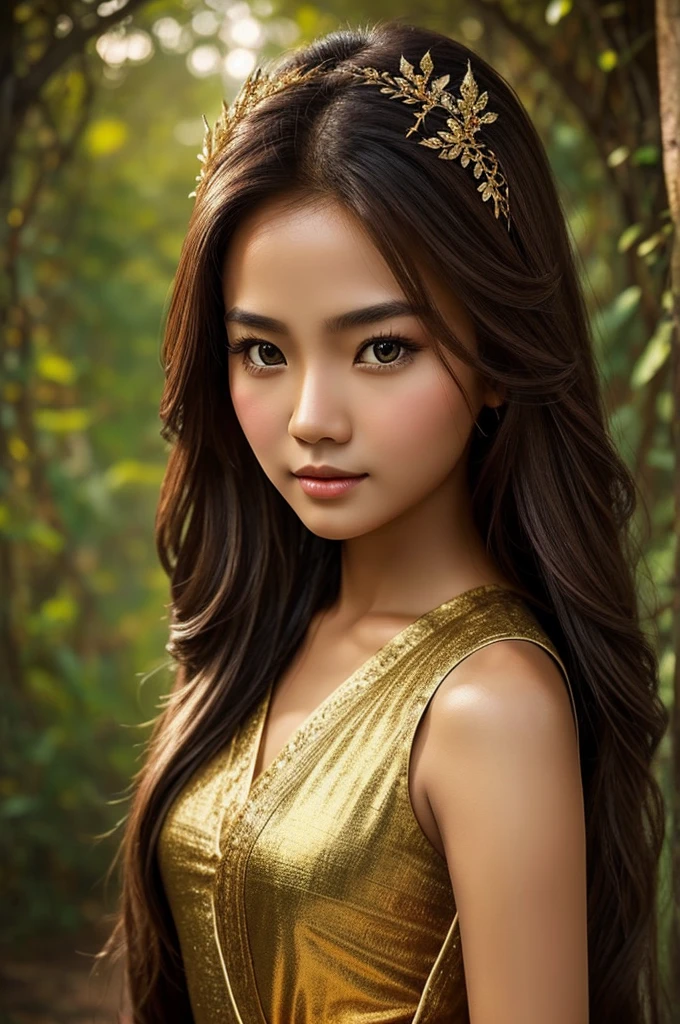 Generate an image of a beautiful Thaiwoman with the following features:
- Fair skin tone
- Long brown hair
- dark eyes
- Appear as if she is from a fairy tale
The image should be a portrait-style composition showcasing the character's face, hair, and upper body
