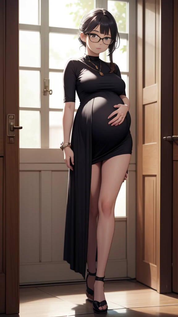 (masterpiece, best quality, glasses, full body), a pregnant girl giving a handjob