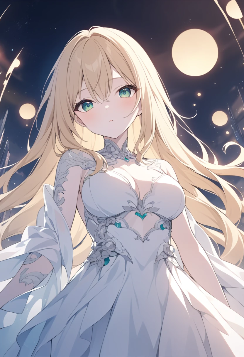 High resolution RAW color art, animation,Sculpture, Silver Marble Skin, (((Highly detailed elegant))), Magical atmosphere, Detailed skin, texture,(Exquisitely crafted, The finer details, Ultra-detailed art), Depth of written boundary, Bokeh, Silky Touch, Hyper Detail,,euphilia, One Girl,Anime girl with long blonde hair and dark turquoise eyes in a white dress, Green Eyes,Beautiful Eyes, Elegant face, Magic City, sunrise, Upper Body, (Big Hips, View from below), Under the chest