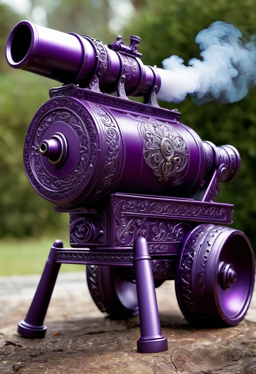 a extremely detailed dark purple handheld metal cannon with the barrel has smoke coming out of it