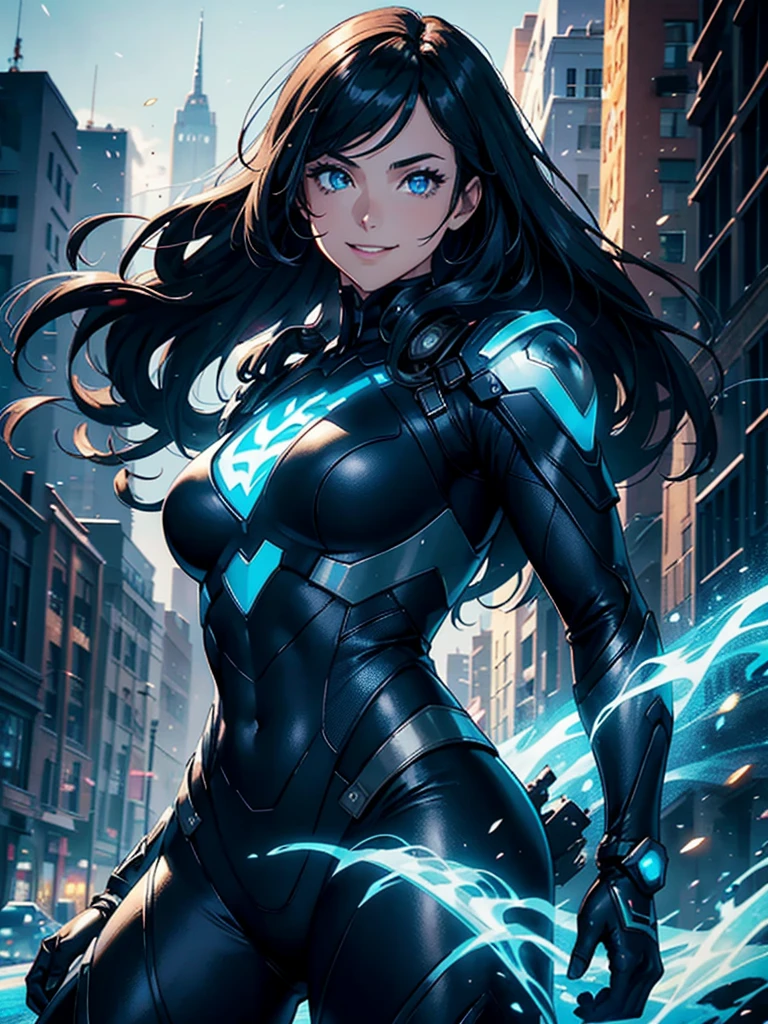 16K, HDR,UHD, RTX, ray tracing, chiaroscuro, best quality, masterpiece, ethereal, perfect illustration, digital artwork, trending on artstation, jaw-dropping perfection, ultra realistic, textured amazing lighting effects, perfect shadows, WLOP, 1girl, beautiful mature edgy woman in a cool long jacket and black pants, superhero suit, stomach covered by clothing, shoulder-length hair, shoulder-length hair, wavy hair, black hair, highly detailed glowing blue eyes, glowing eyes, blue eyes, beautiful glowy blue eyes, detailed eyes, beautiful face, perfect anatomy, broad shoulders, strong upper-body, modern city, city, beautiful weather, stunning sunshine, sunny, daylight, sunlight, modern, nature, daytime, superhero, uplifting, heroic, heroic pose, smiling, smiling at camera, athletic, hands near hips, glowy eyes, daytime, black and blue superhero suit, metal shoulder-pads, summertime, radiant sunlight, beautiful cityscape, hair blowing in wind, manly shoulders, big smile, wide smile, happy eyes, joyful, smiling with teeth, very tall, wide shoulders, tall