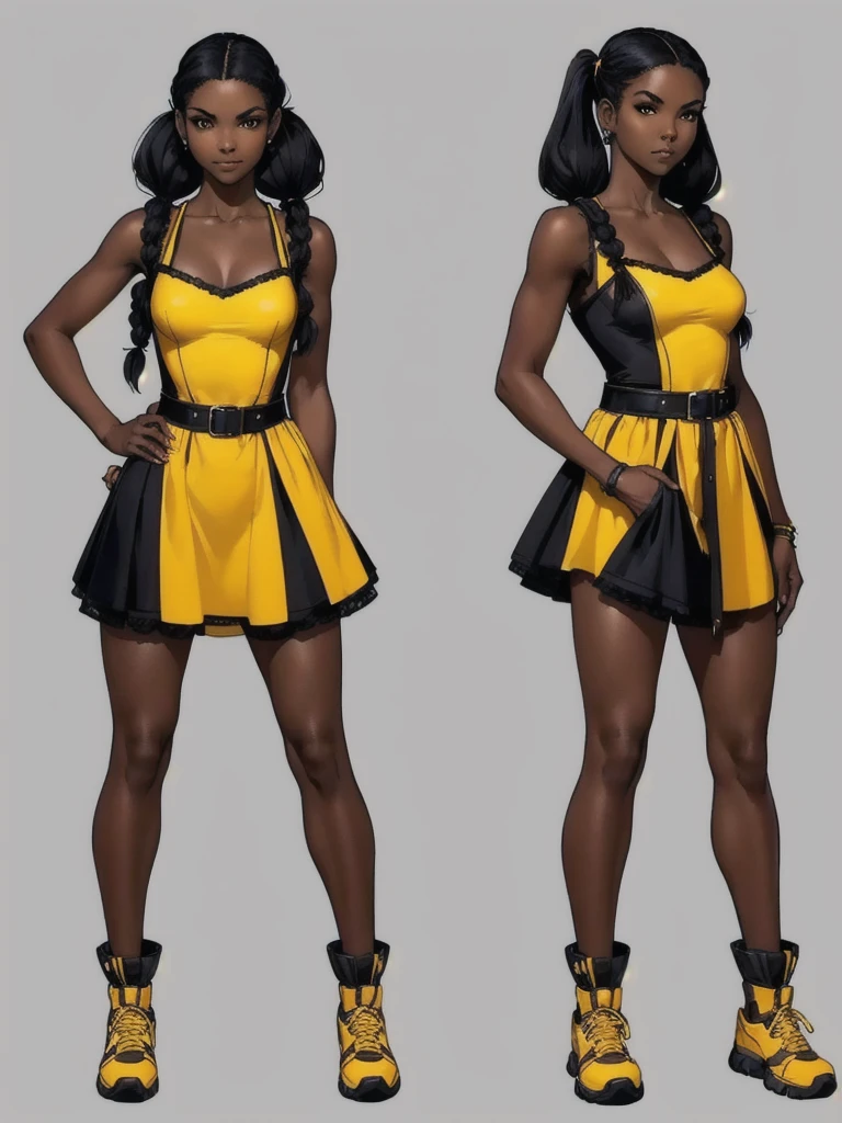 ((best quality)), ((4k)), ((highres)), ((masterpiece:1.2)). ((detailed)), ((ultra realistic)), ((intricate details)), ((full body picture)), ((character design sheet)), ((blank background)), ((standing in a blank background)), full body shot of a beautiful black female, ebony beauty, woman, 18 years old girl, dark brown skin, about 5'5 ft. tall, smirk on her face, ((smirking)), long curly black hair, ((long curly hair)), long hair, high pigtails, (((high pigtails)), dressed in a yellow sleeveless babydoll dress, ((EMPHASIS ON HER YELLOW SLEEVELESS BABYDOLL DRESS)), black leather belt on her waist, bare legs and sneakers, fighting game character design, tekken character design, the king of fighters character concept art, character concept art, full body, 18 years old female fighter, girly girl, cute girl, girly fighter character concept art