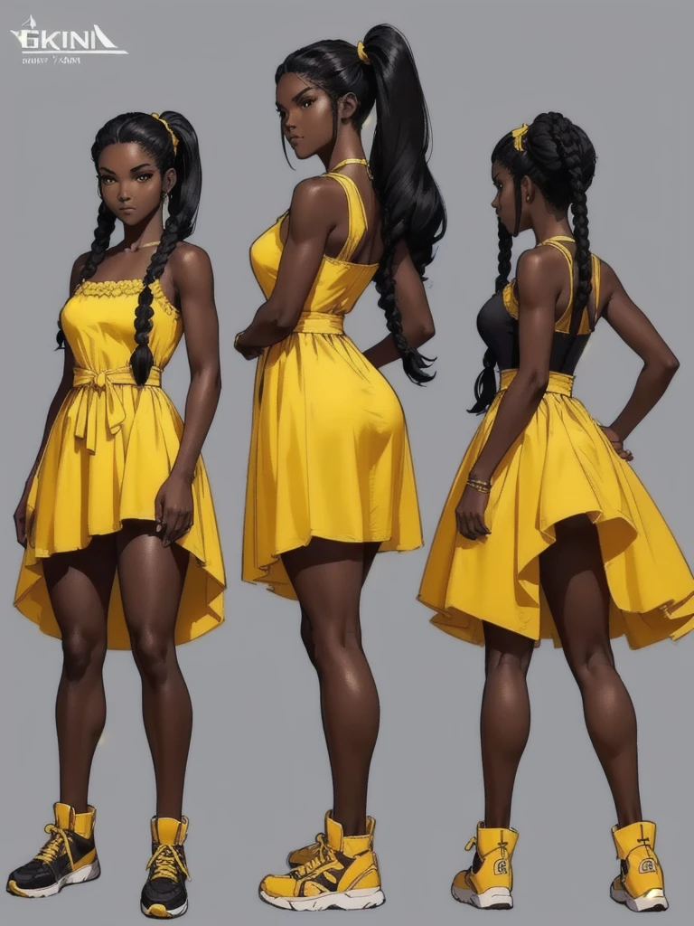 ((best quality)), ((4k)), ((highres)), ((masterpiece:1.2)). ((detailed)), ((ultra realistic)), ((intricate details)), ((full body picture)), ((character design sheet)), ((blank background)), ((standing in a blank background)), full body shot of a beautiful black female, ebony beauty, woman, 18 years old girl, dark brown skin, about 5'5 ft. tall, smirk on her face, ((smirking)), long curly black hair, ((long curly hair)), long hair, high pigtails, (((high pigtails)), dressed in a yellow sleeveless doll dress, ((EMPHASIS ON HER YELLOW SLEEVELESS BABYDOLL DRESS)), black leather belt on her waist, bare legs and sneakers, fighting game character design, tekken character design, the king of fighters character concept art, character concept art, full body, 18 years old female fighter, girly girl, cute girl, girly fighter character concept art
