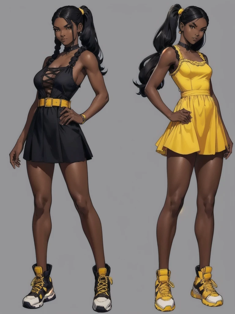 ((best quality)), ((4k)), ((highres)), ((masterpiece:1.2)). ((detailed)), ((ultra realistic)), ((intricate details)), ((full body picture)), ((character design sheet)), ((blank background)), ((standing in a blank background)), full body shot of a beautiful black female, ebony beauty, woman, 18 years old girl, dark brown skin, about 5'5 ft. tall, smirk on her face, ((smirking)), long curly black hair, ((long curly hair)), long hair, high pigtails, (((high pigtails)), dressed in a yellow sleeveless babydoll dress, ((EMPHASIS ON HER YELLOW SLEEVELESS BABYDOLL DRESS)), black leather belt on her waist, bare legs and sneakers, fighting game character design, tekken character design, the king of fighters character concept art, character concept art, full body, 18 years old female fighter, girly girl, cute girl, girly fighter character concept art