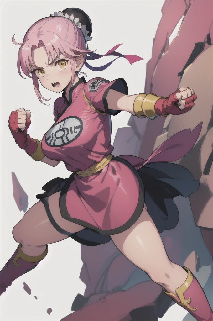 (masterpiece, best quality:1.1), (open mouth, clenched fist, action pose,:1.1), maam, dragon quest, 1girl, solo, big breasts:1.6, looking at viewer, short hair, pink hair, parted bang, (bun cover,:1.1) yellow eyes, fingerless gloves, pink gloves, chinese clothes, Red dress, ribbon, boots, white background