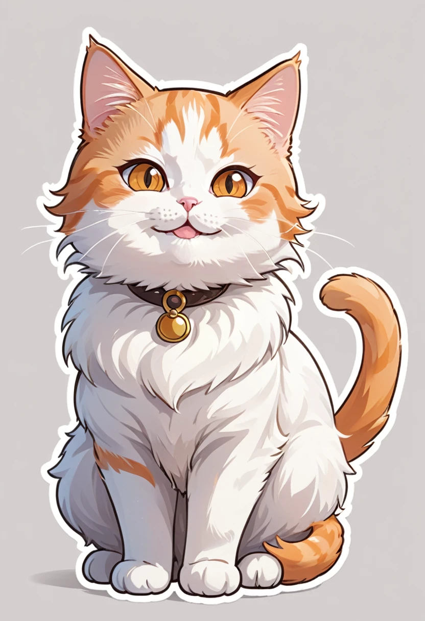 In the style of TOK, highest quality, sticker, cute cat, cartoon cat, Munchkin cat, bigger head, chibi, white and orange cat, looking at the viewer, smiling, simple background