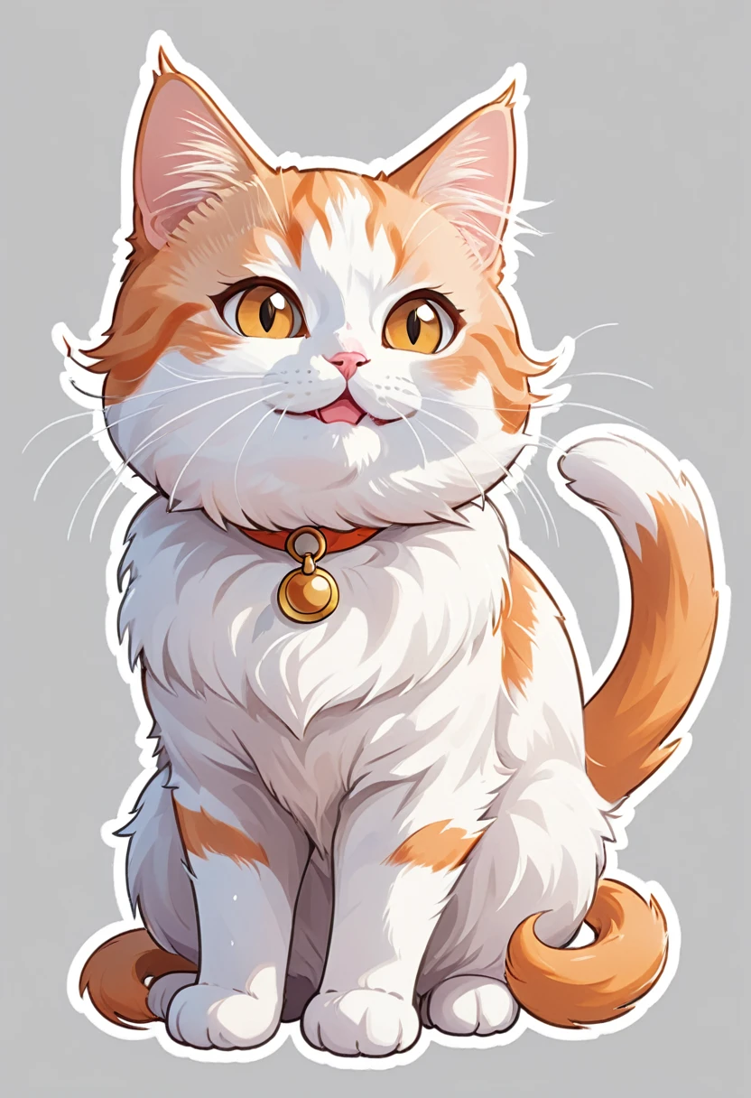 In the style of TOK, highest quality, sticker, cute cat, cartoon cat, Munchkin cat, bigger head, chibi, white and orange cat, looking at the viewer, smiling, simple background