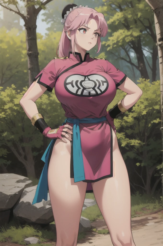 maam,large breasts,beautifuleyes,narrow waist,realistic,solo,outdoor,forest, martialMaam,pink hair,hair bun,long hair, Big Breasts,china red dress,short sleeves,sash,fingerless gloves,beautiful legs,(hands on hips, looking away),