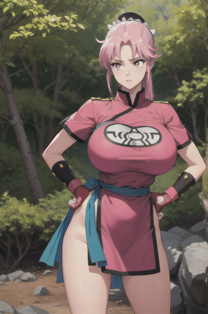 maam,large breasts,beautifuleyes,narrow waist,realistic,solo,outdoor,forest, martialMaam,pink hair,hair bun,long hair, Big Breasts,china red dress,short sleeves,sash,fingerless gloves,beautiful legs,(hands on hips, looking away),