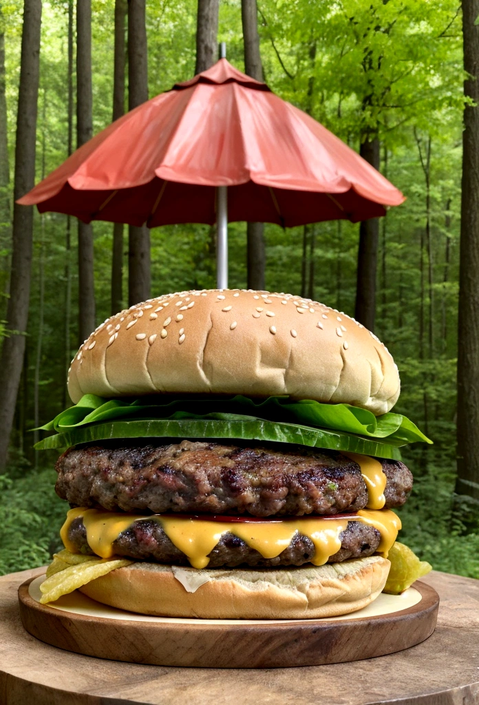 a big juicy burger, with all the ingredients, on a table in the forest,  