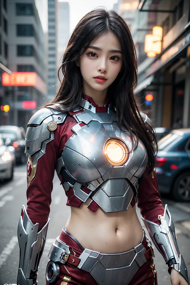 A girl wearing Iron Man armor,Exposing sexy belly,((cowboy shot)),Looking at the camera,Detailed facial features, beautiful eyes, Lips, and long eyelashes, Reality, 8K, Very detailed, Studio Lighting, Dramatic Lighting, Vibrant colors, work, City Streets,The abdomen is open,Showing belly,Sexy abdominal muscles